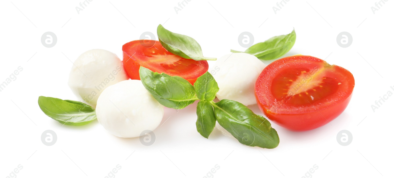 Photo of Delicious mozzarella, tomatoes and basil leaves on white background