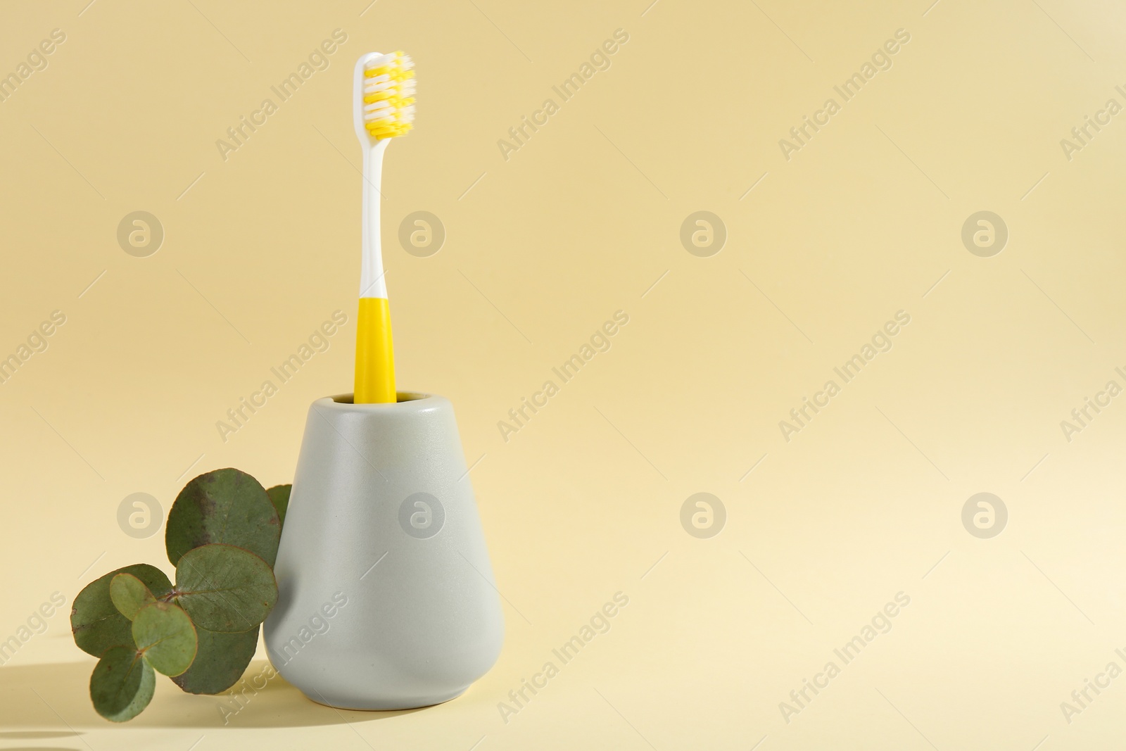 Photo of Plastic toothbrush in holder and eucalyptus branch on pale yellow background, space for text