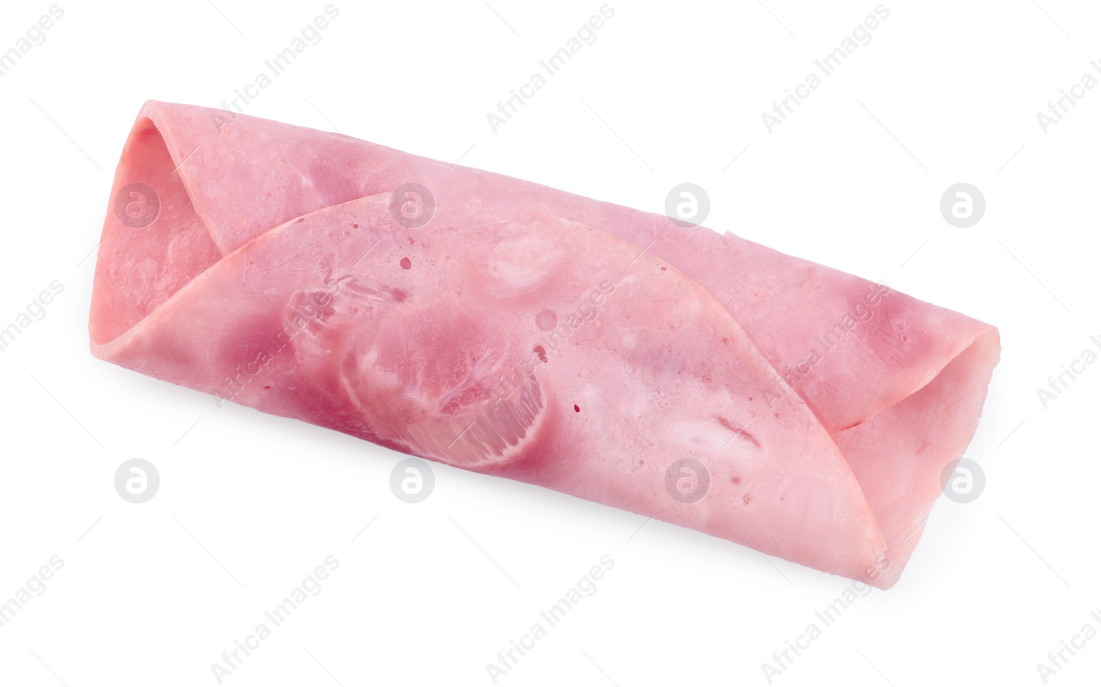 Photo of Slice of tasty ham isolated on white, top view