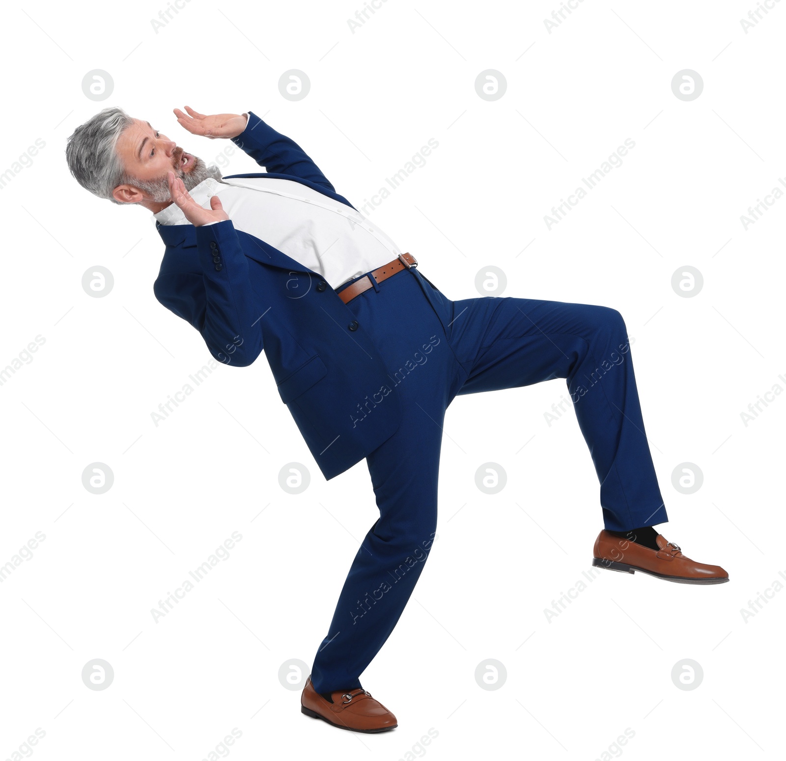 Photo of Mature businessman in stylish clothes avoiding something on white background