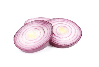 Photo of Fresh slices of red onion on white background