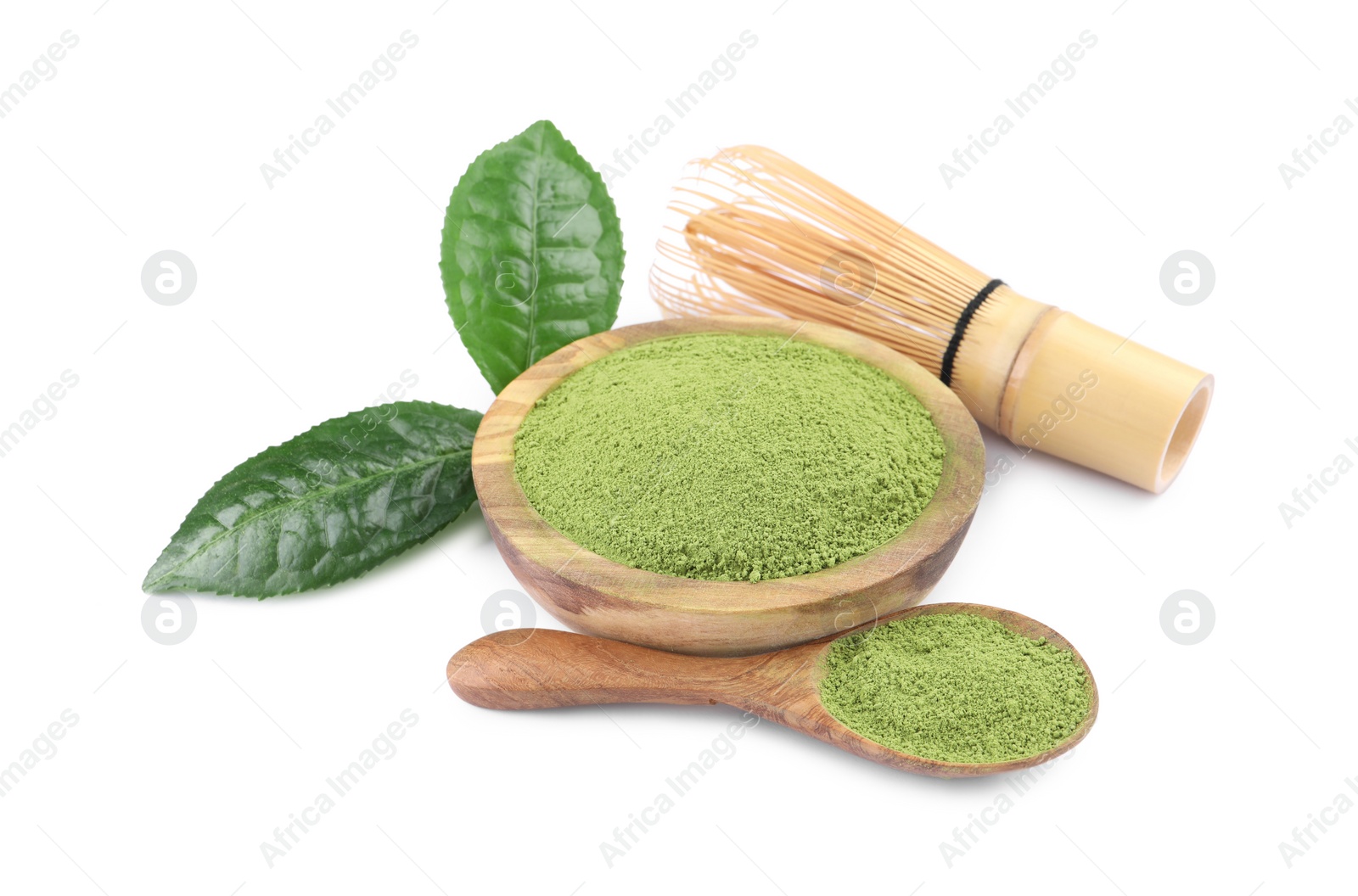 Photo of Bamboo whisk, bowl and spoon with matcha powder isolated on white