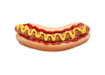 Yummy hot dog with ketchup and mustard isolated on white