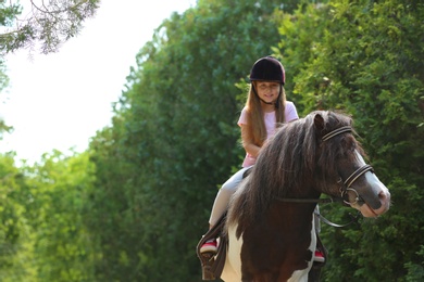 Photo of Cute little girl riding pony in green park