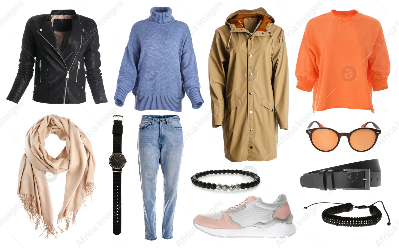 Image of Set of stylish clothes on white background. Autumn look