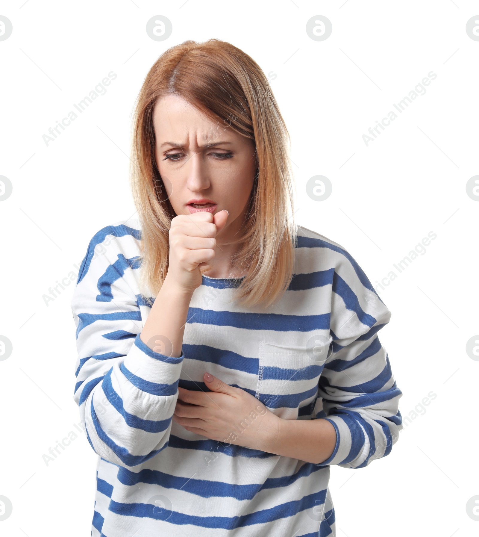 Photo of Young woman coughing on white background