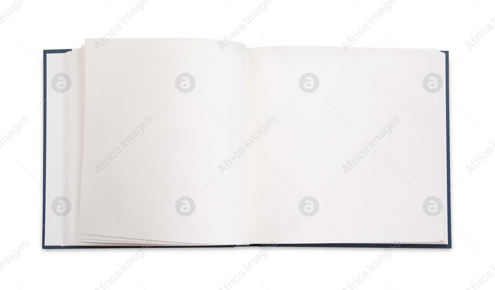 Photo of Open photo album isolated on white, top view. Space for text