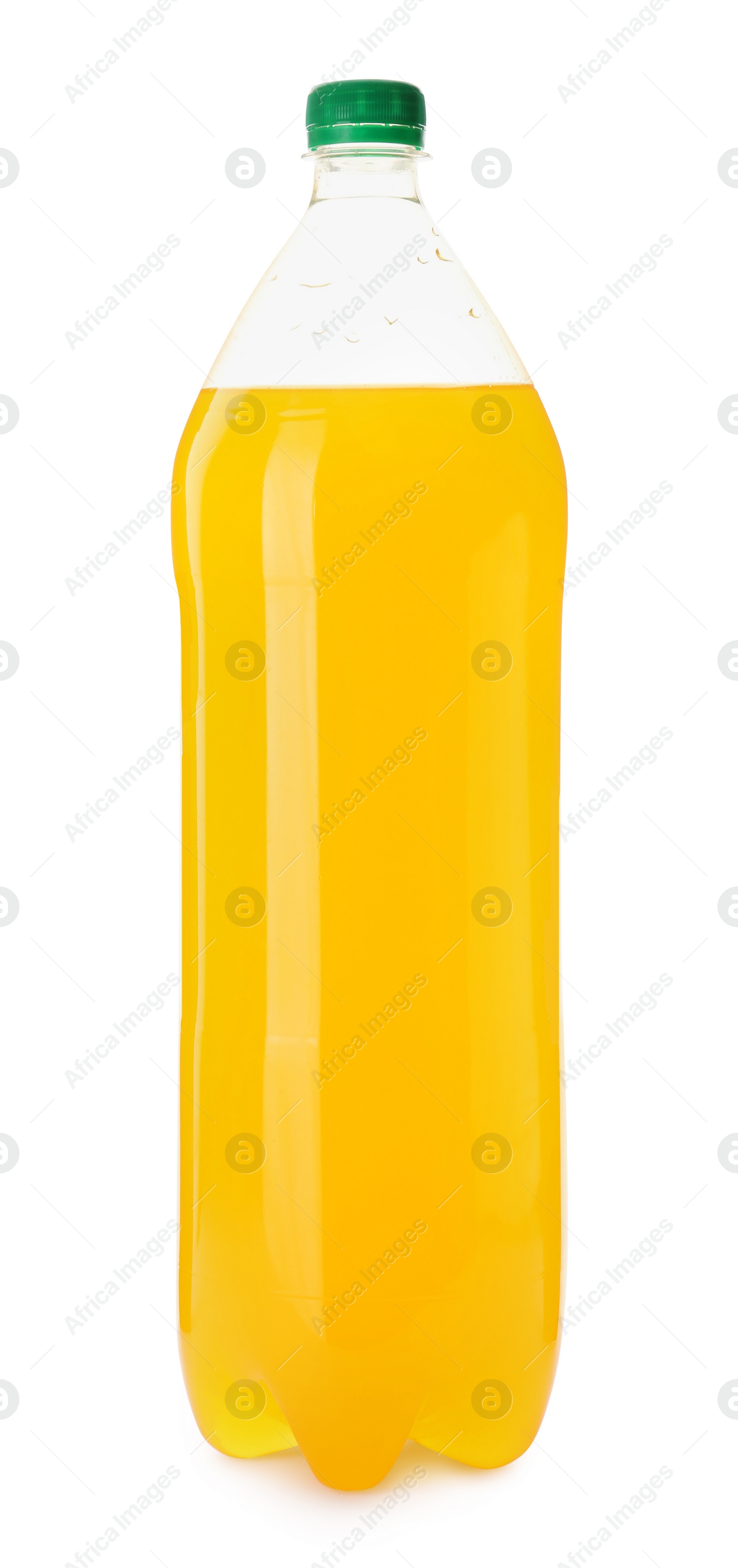 Photo of Delicious orange soda water on white background