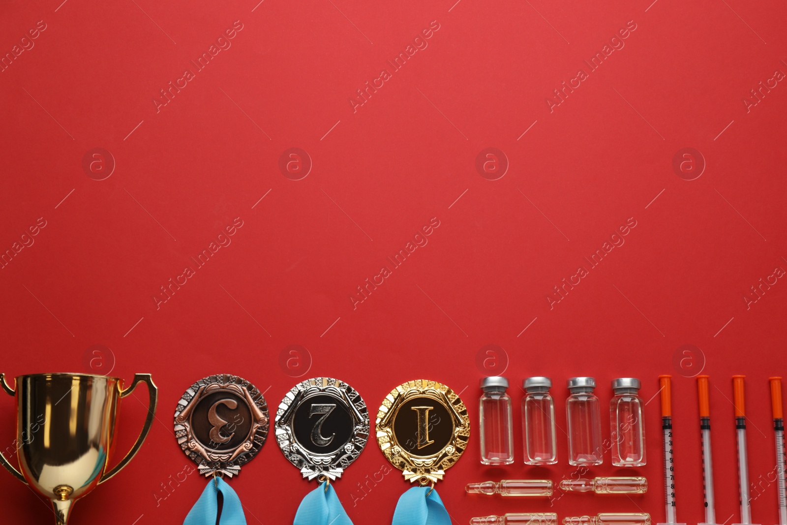 Photo of Flat lay composition with drugs on red background, space for text. Doping control