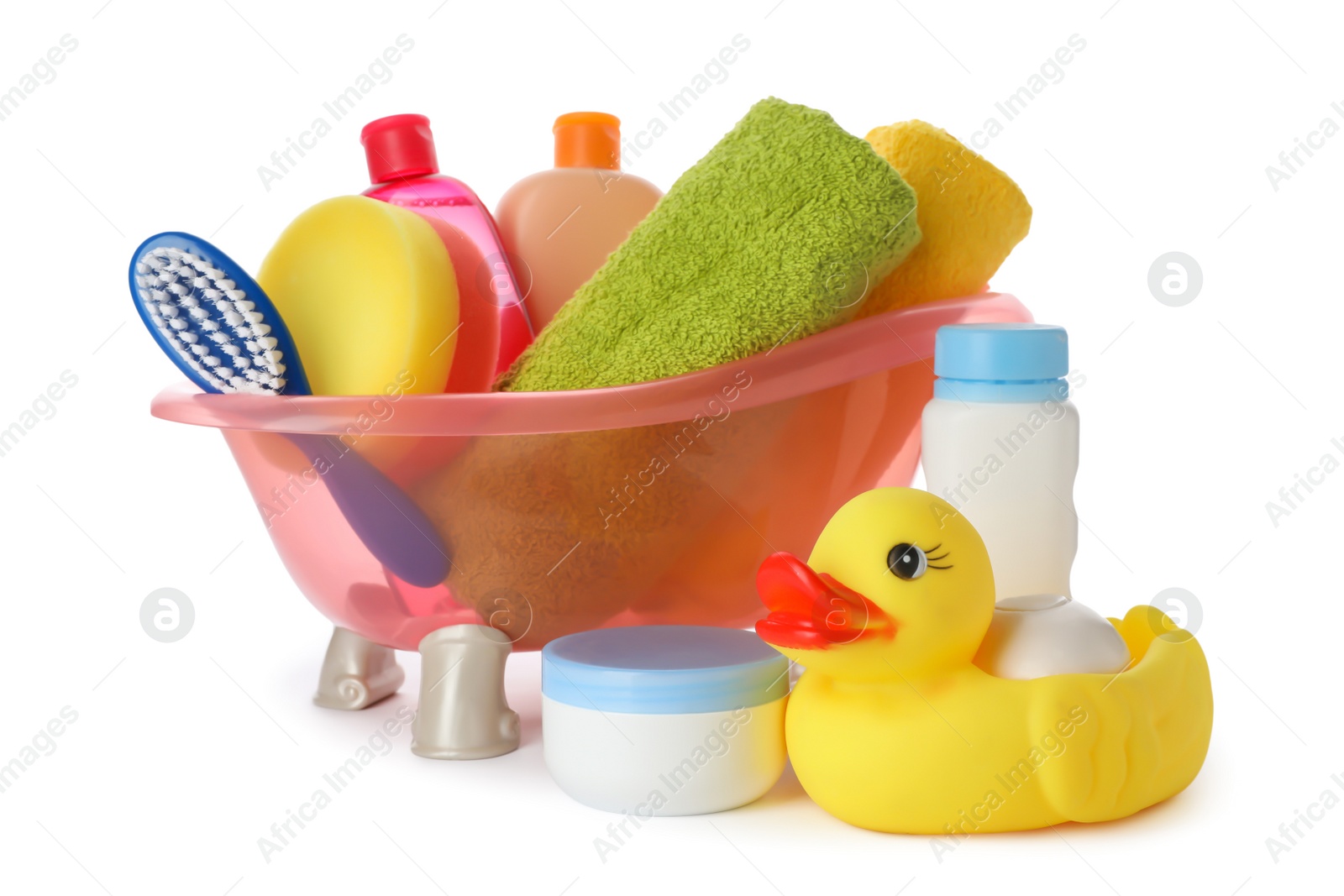 Photo of Baby bathing accessories and toy on white background