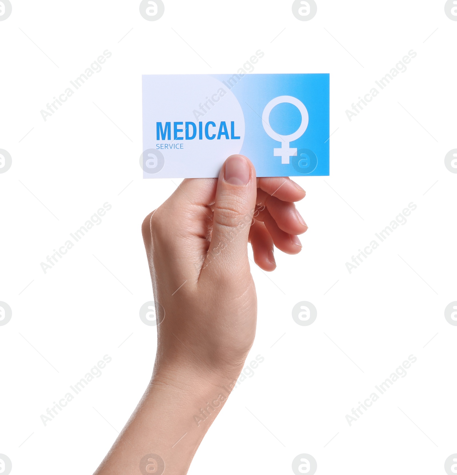 Photo of Girl holding medical business card isolated on white, closeup. Women's health service