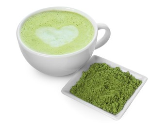 Cup of fresh matcha latte and powder isolated on white