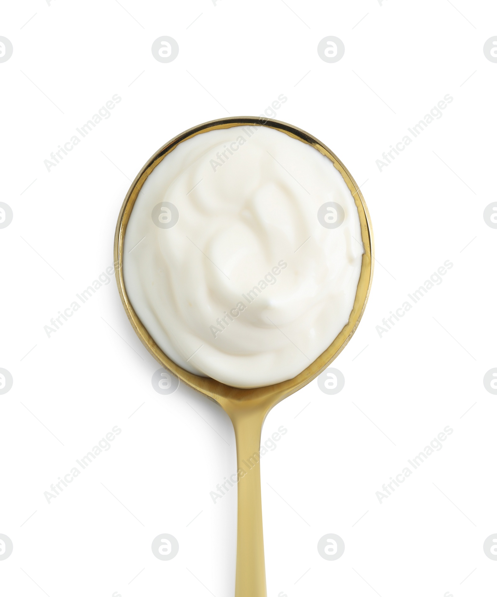 Photo of One golden spoon with mayonnaise isolated on white, top view