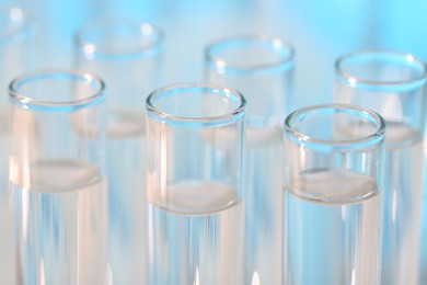 Photo of Laboratory analysis. Many glass test tubes on light blue background, closeup