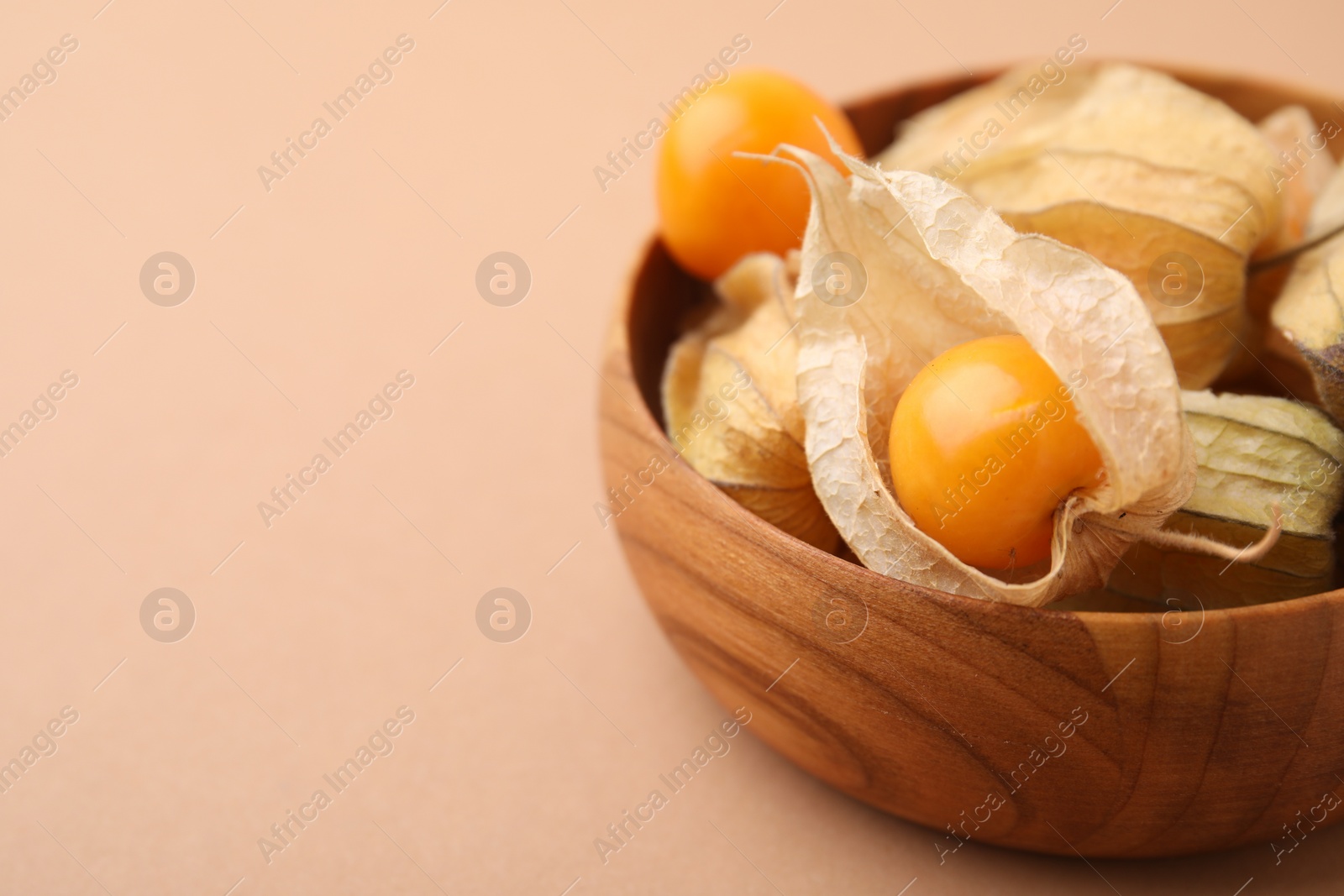 Photo of Ripe physalis fruits with calyxes in bowl on beige background, closeup. Space for text