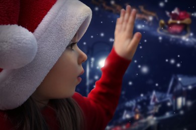 Image of Cute little girl waiting for Santa Claus, closeup. Christmas celebration