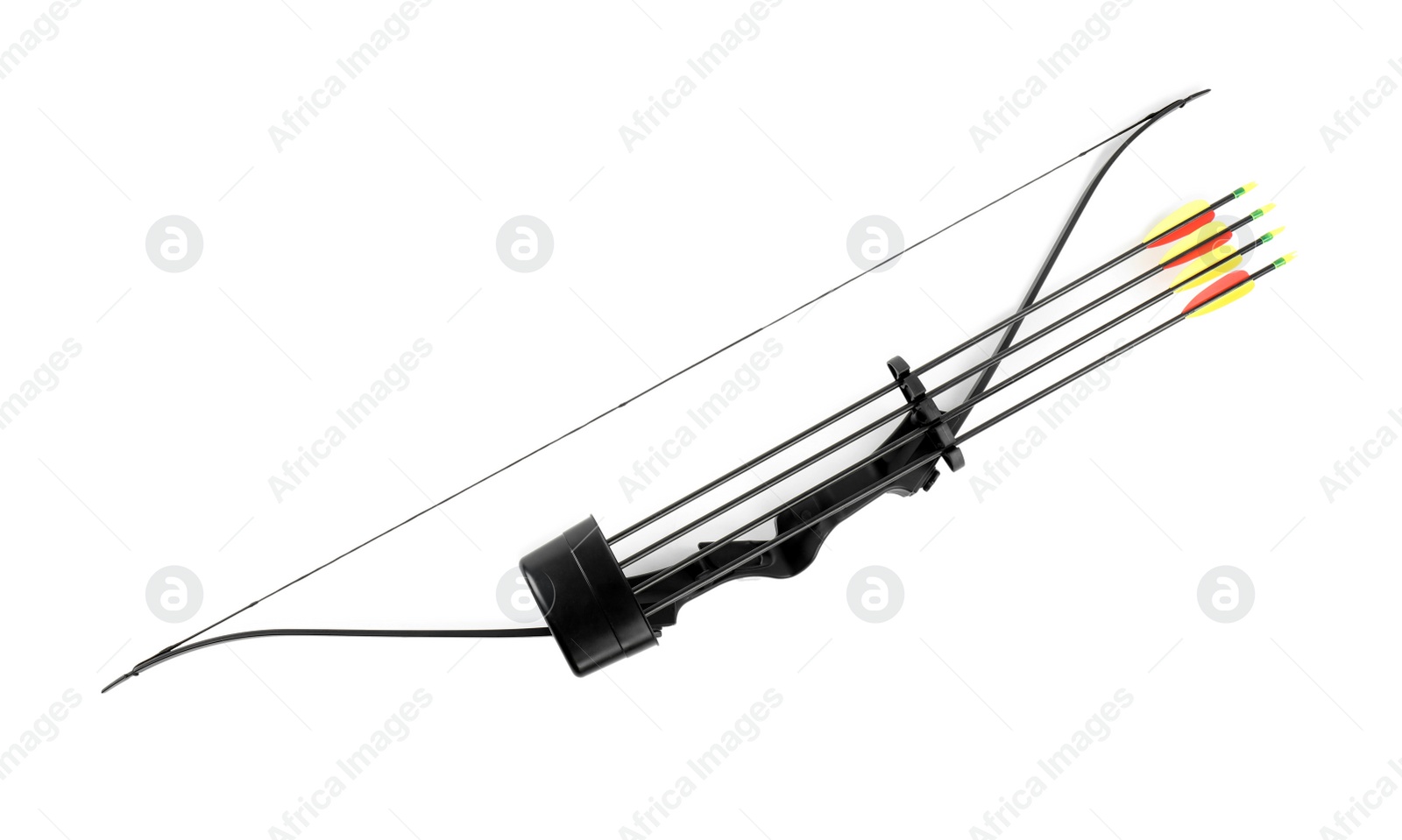 Photo of Black bow and plastic arrows on white background, top view. Archery sports equipment