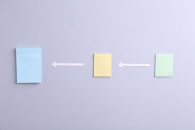 Business process organization and optimization. Scheme with paper notes and arrows on light grey background, top view