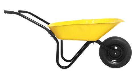 Photo of Yellow wheelbarrow isolated on white. Gardening tool