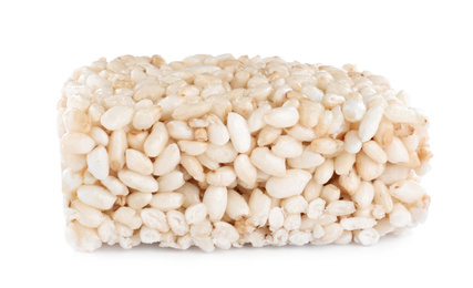 Photo of Bar of delicious rice crispy treat isolated on white