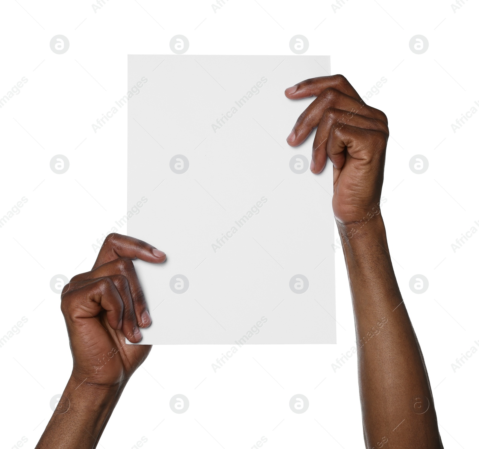 Photo of African American man holding sheet of paper on white background, closeup. Mockup for design