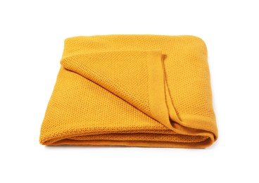 Photo of Beautiful yellow knitted blanket isolated on white