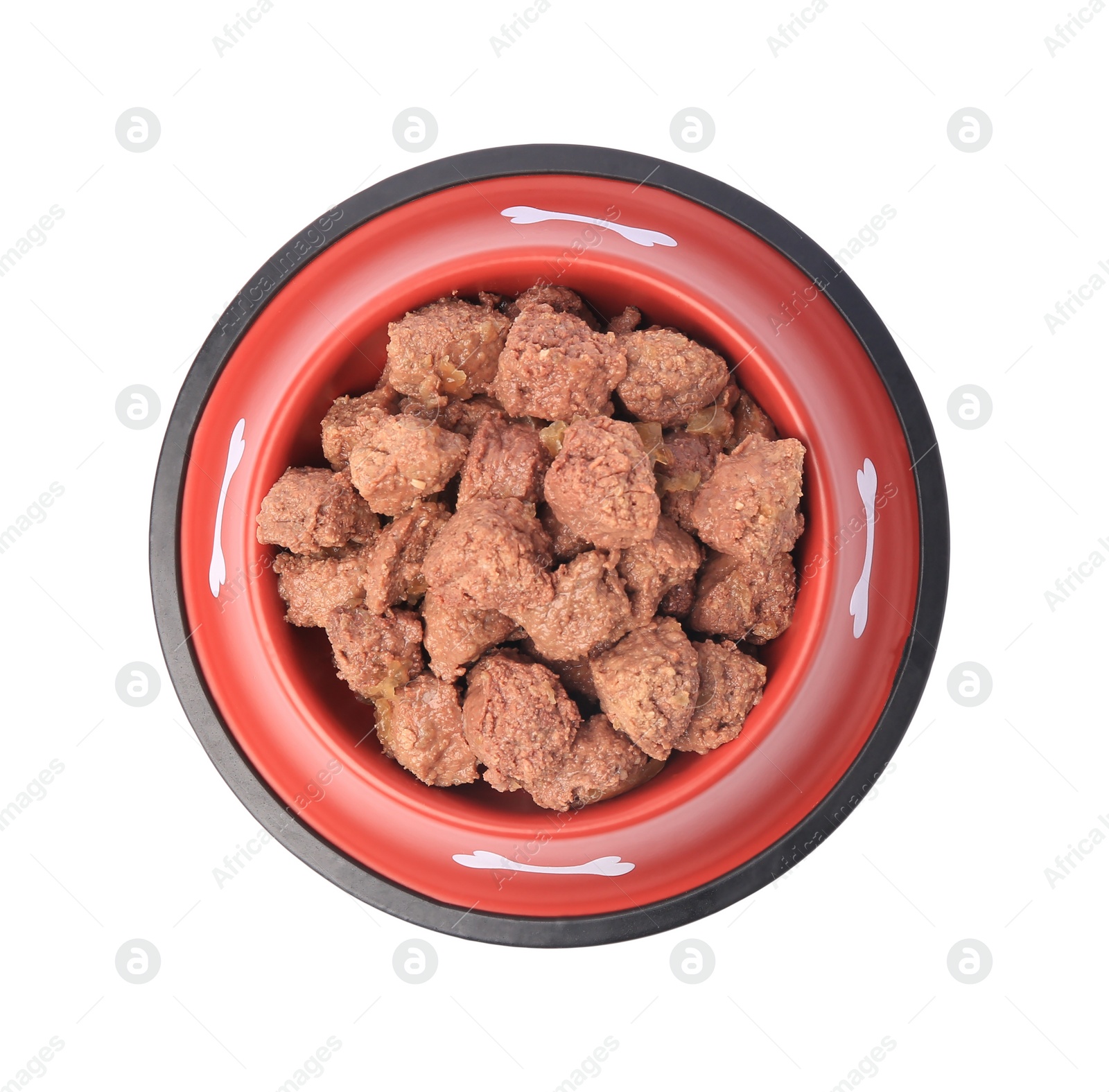 Photo of Wet pet food in feeding bowl isolated on white, top view