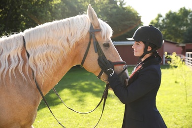 Young woman in horse riding suit and her beautiful pet outdoors on sunny day