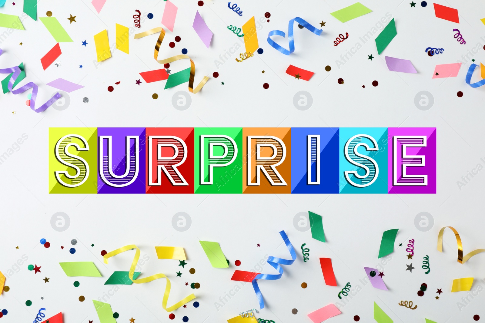Image of It's a surprise party. Colorful confetti and streamers on white background, top view