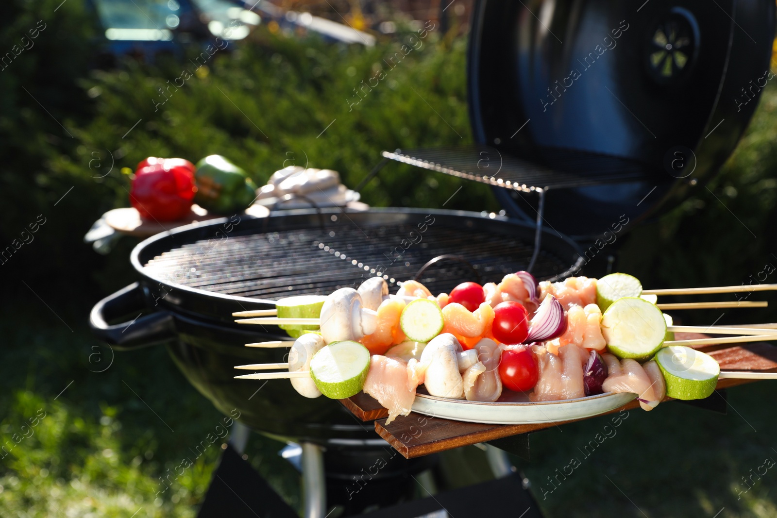 Photo of Skewers with meat and vegetables near barbecue grill outdoors