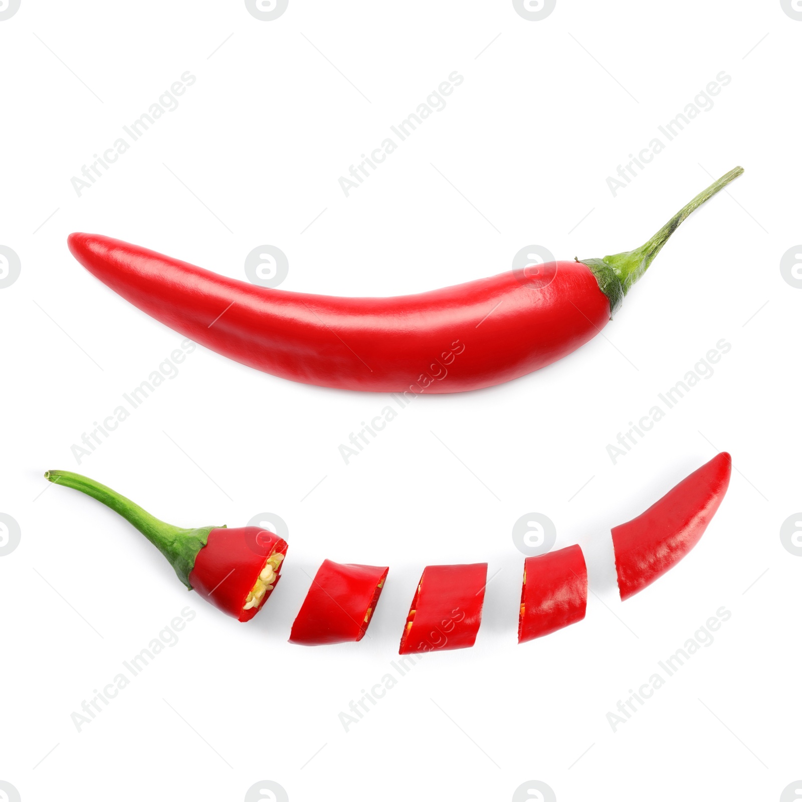 Image of Cut and whole red hot chili peppers on white background