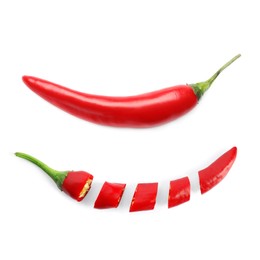 Image of Cut and whole red hot chili peppers on white background