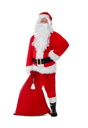 Photo of Man in Santa Claus costume with bag posing on white background