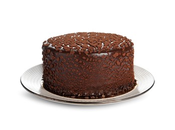 Delicious chocolate truffle cake isolated on white