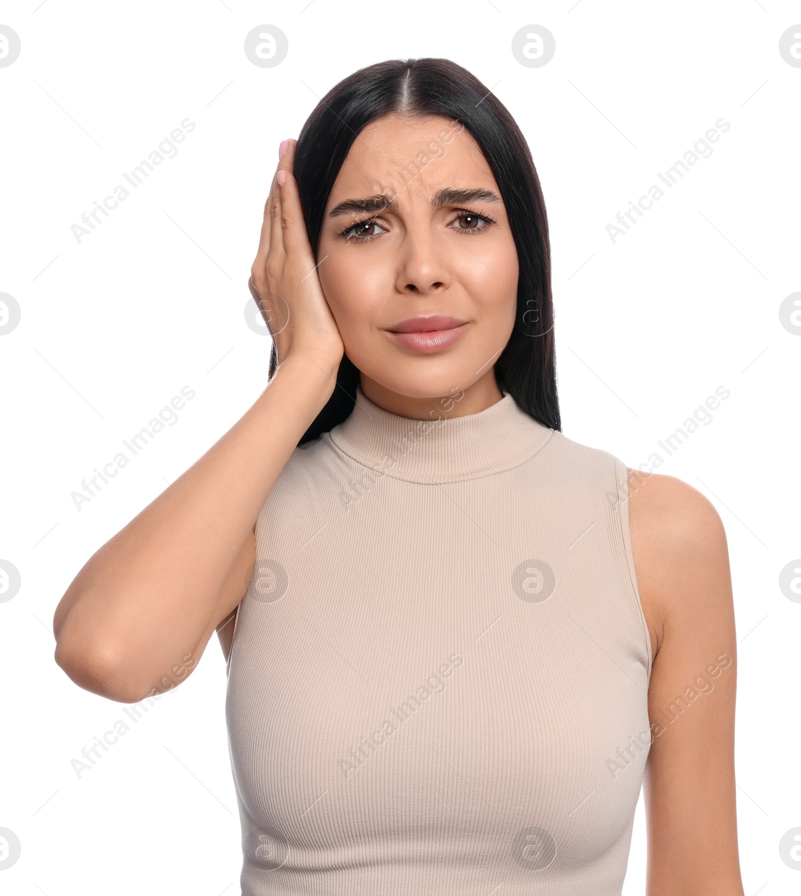 Photo of Young woman suffering from ear pain on white background