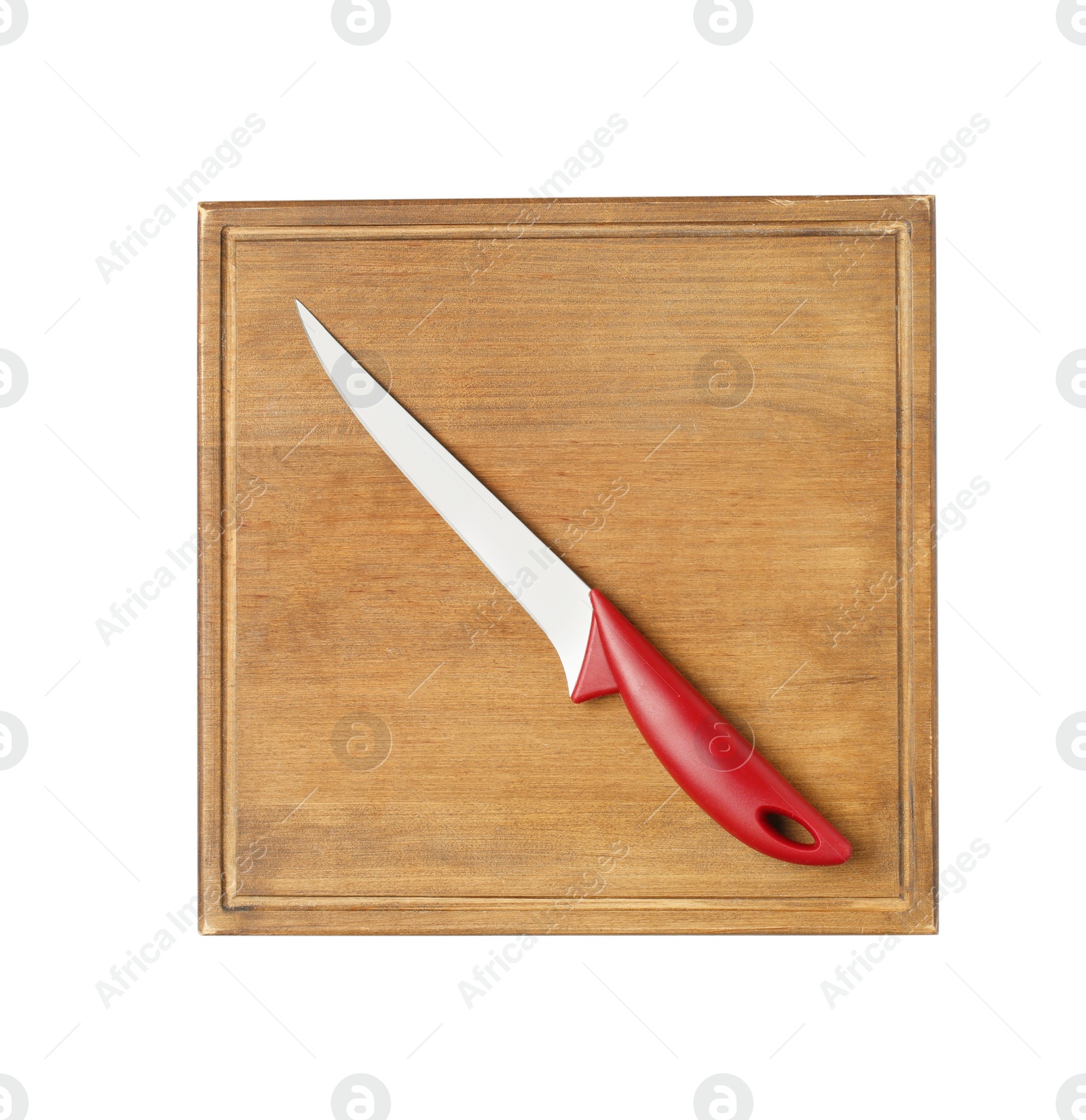 Photo of Sharp boning knife with wooden board isolated on white, top view