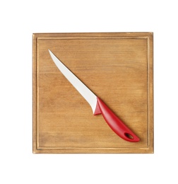 Photo of Sharp boning knife with wooden board isolated on white, top view