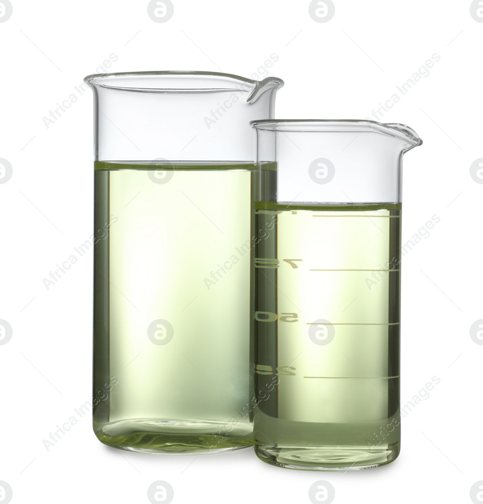 Photo of Glassware with liquids isolated on white. Laboratory analysis