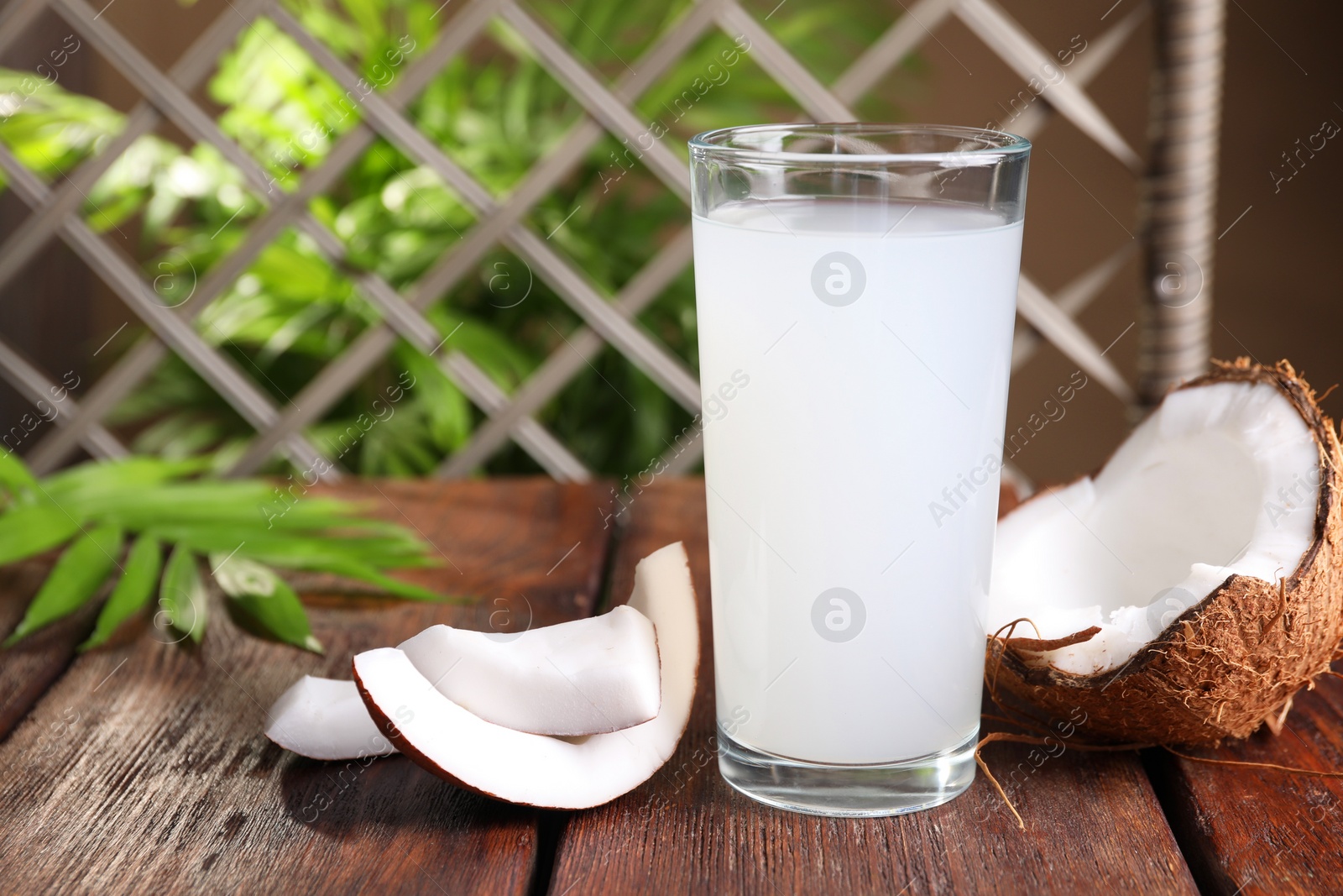 Photo of Glass of coconut water, leaf and nuts on wooden table