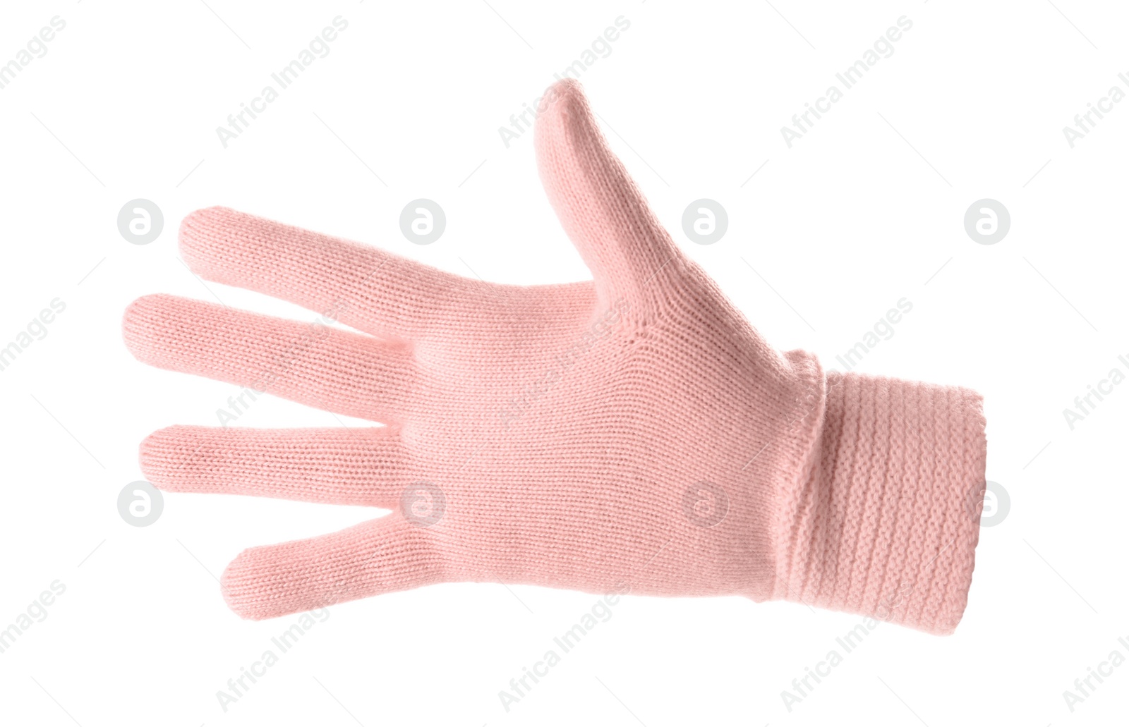 Photo of Woman wearing pink glove on white background, closeup. Autumn clothes