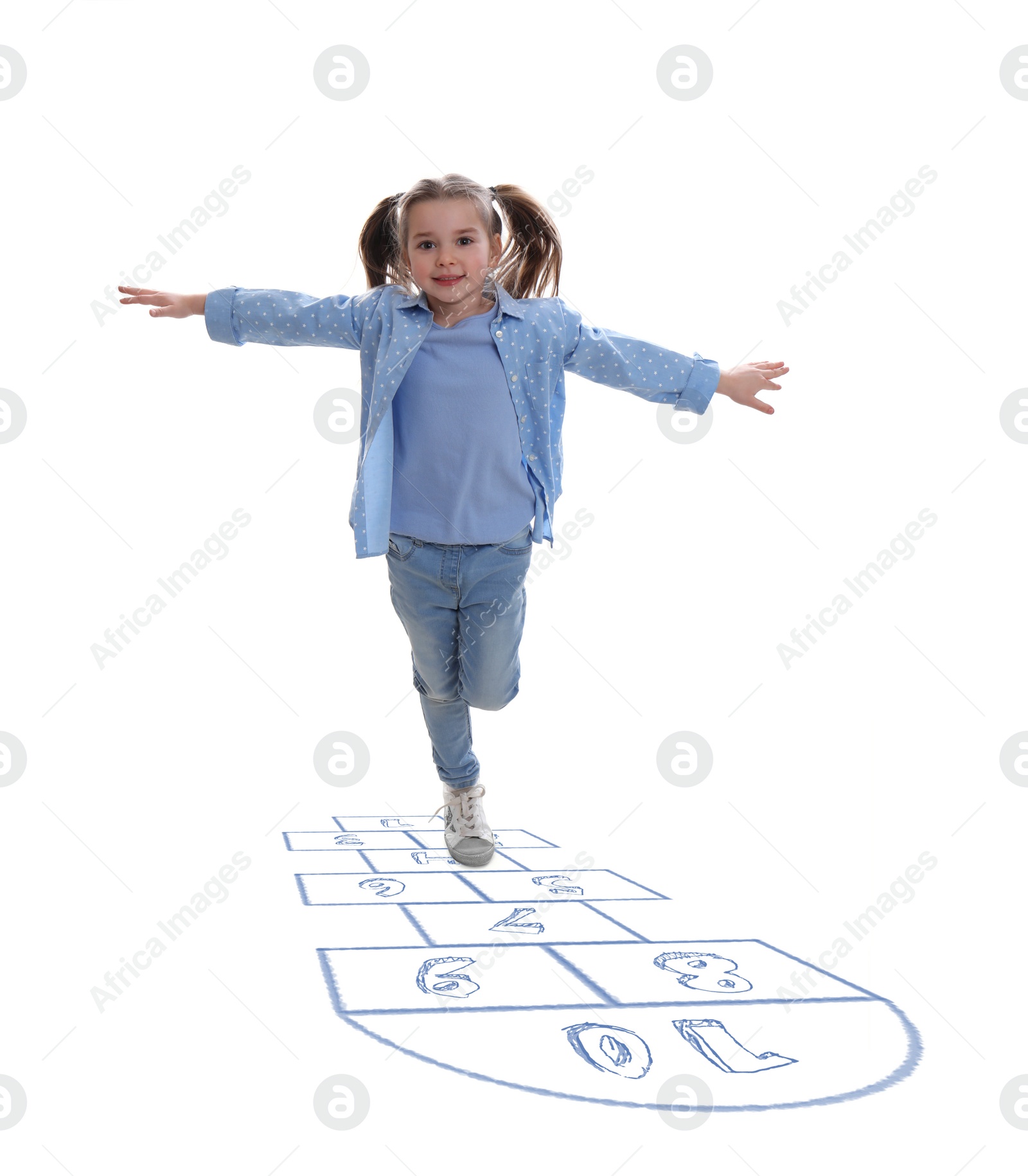 Image of Cute little girl playing hopscotch on white background