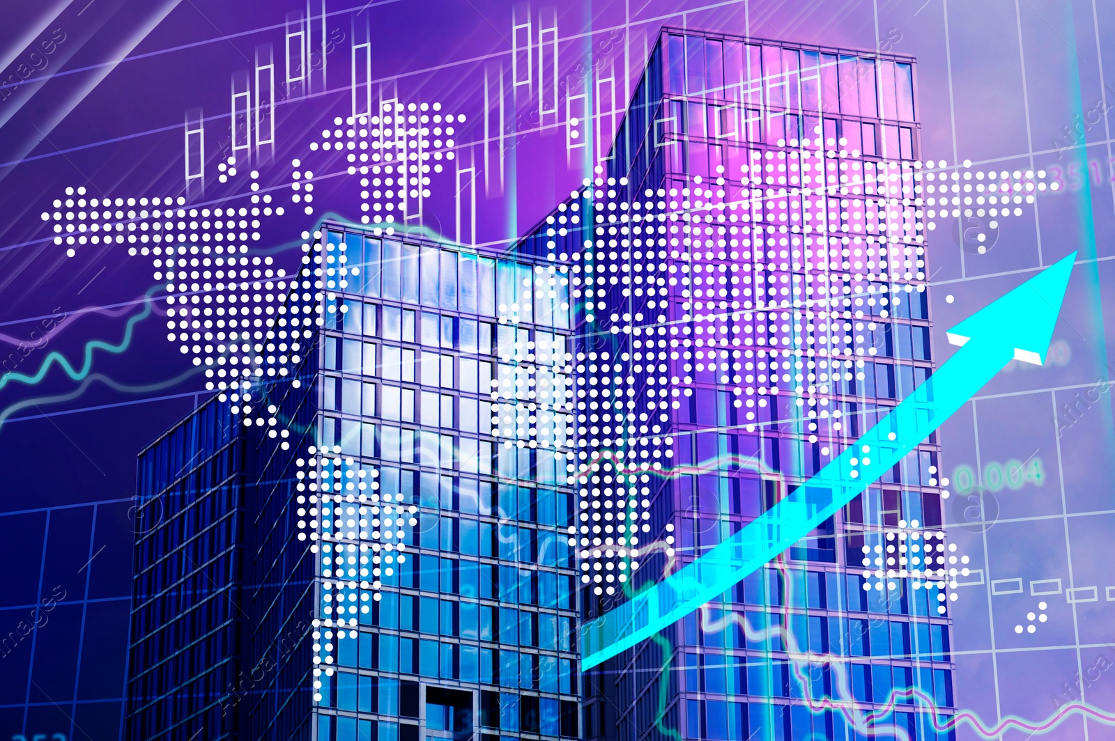 Image of Stock exchange concept. Modern buildings, world map, charts and arrow, multiple exposure