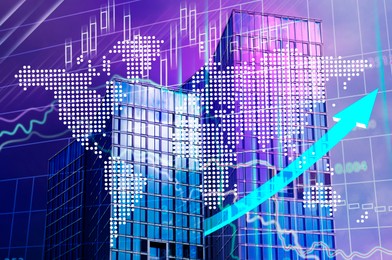 Stock exchange concept. Modern buildings, world map, charts and arrow, multiple exposure