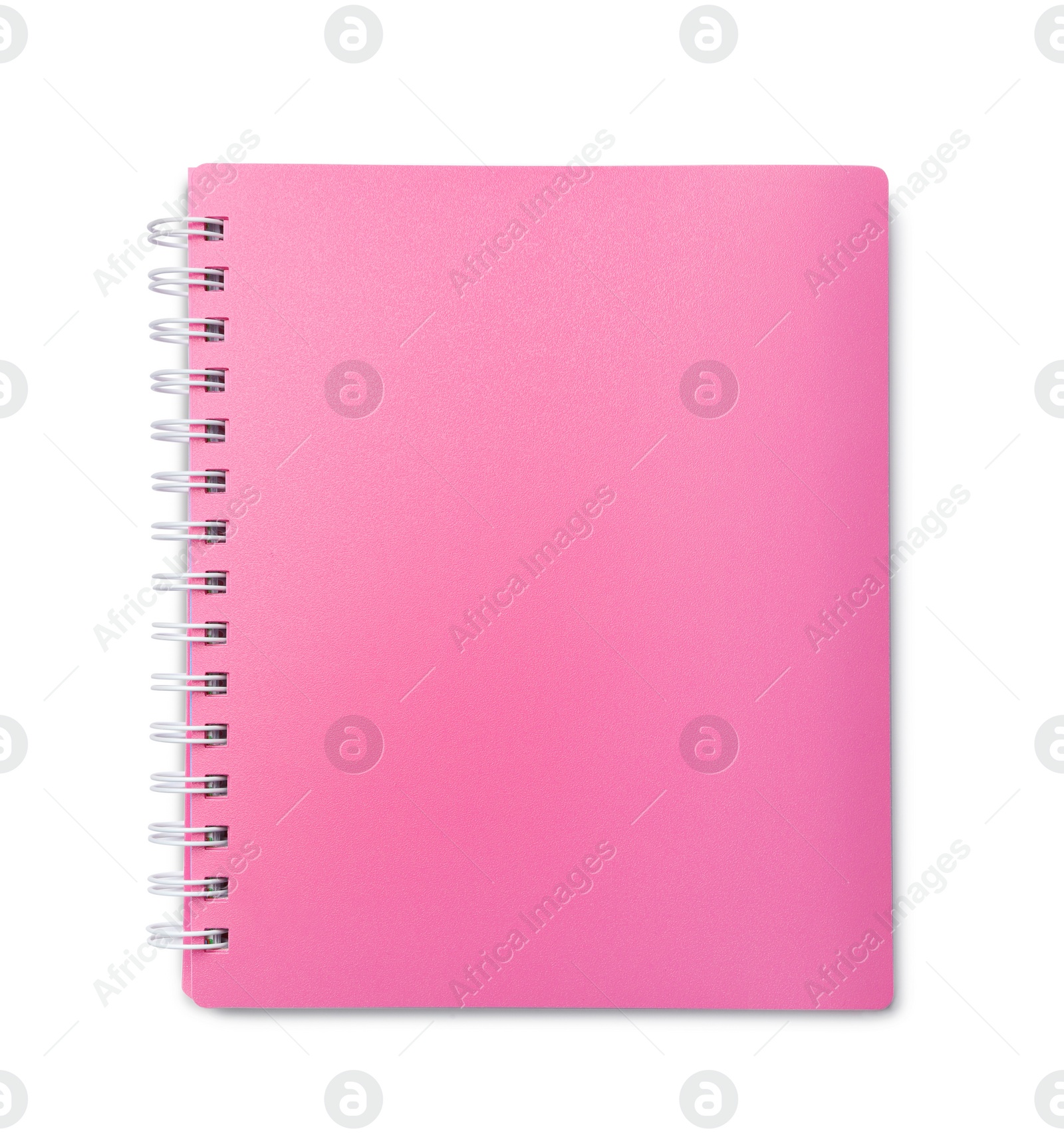 Photo of Stylish pink notebook isolated on white, top view