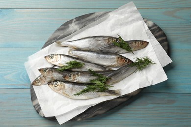 Photo of Fresh raw sprats and dill on light blue wooden table, top view