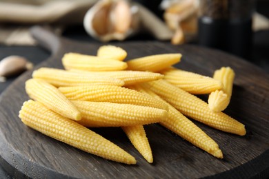 Photo of Fresh baby corn cobs on wooden board, closeup