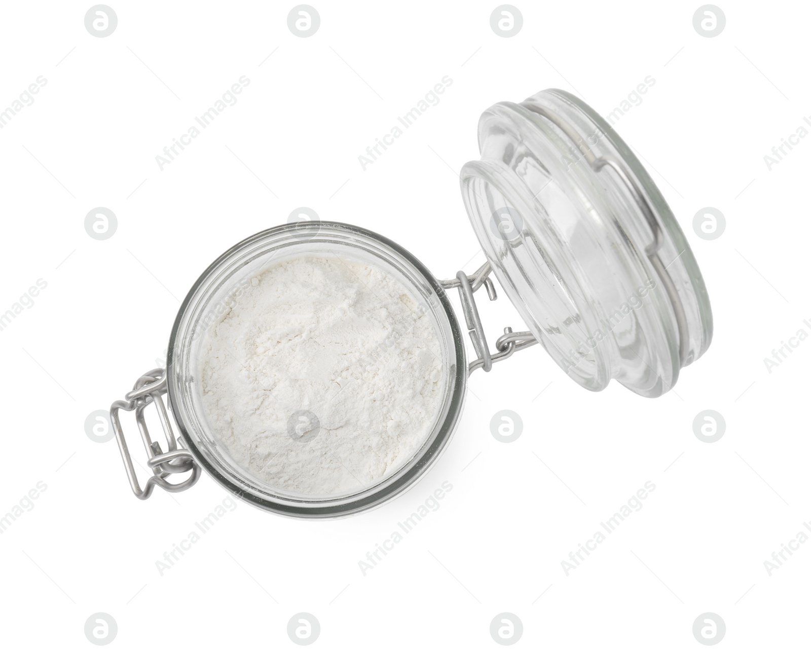 Photo of Baking powder in glass jar isolated on white, top view