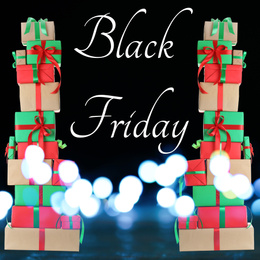 Image of Black Friday. Many gift boxes and blurred lights