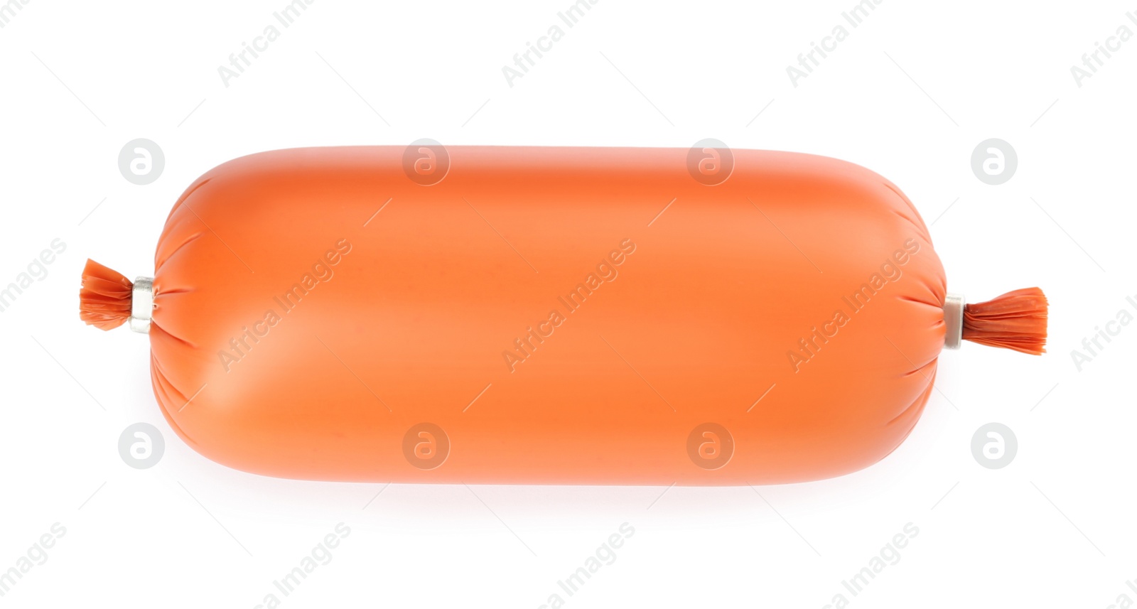 Photo of Tasty whole boiled sausage isolated on white