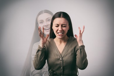 Image of Woman with personality disorder on light background, double exposure 
